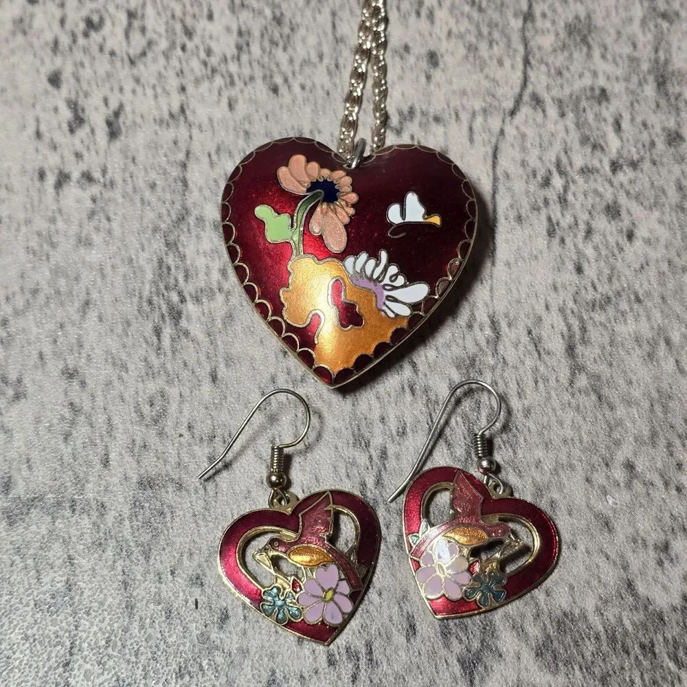 VTG Estate Cloisonné Clamper Butterfly Necklace w/ Pierced Dangle Earrings! 127